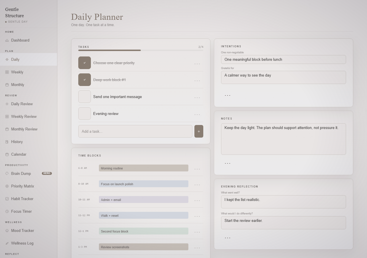 Gentle Structure daily planner showing priorities, tasks and time blocks